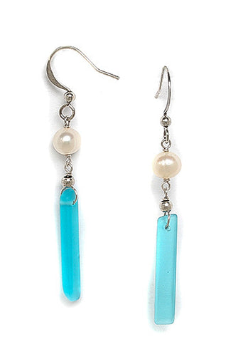 Sea Glass Stick and Freshwater Pearl Earrings