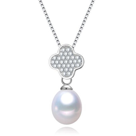 Sterling, Freshwater Pearl, Cubic Clover Pendant Necklace