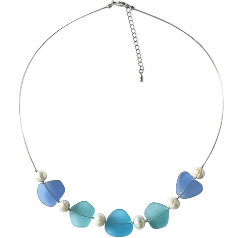 Sea Glass and Freshwater Pearl Necklace-Blue, Aqua & Turq