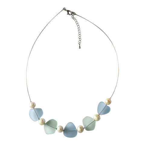 Sea Glass and Freshwater Pearl Necklace-Pale Green, Pale Blue